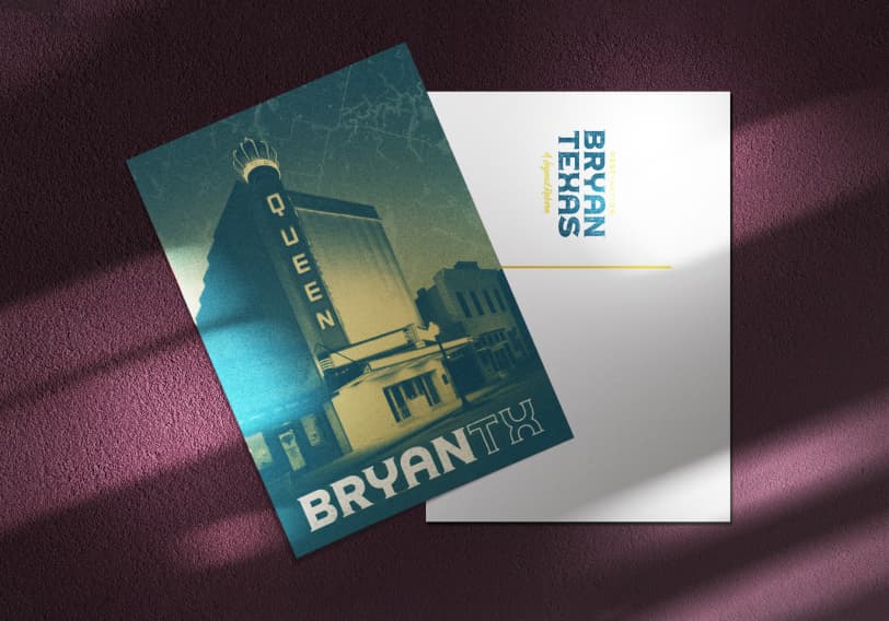 Bryan TX postcard featuring The Queen Movie Theater