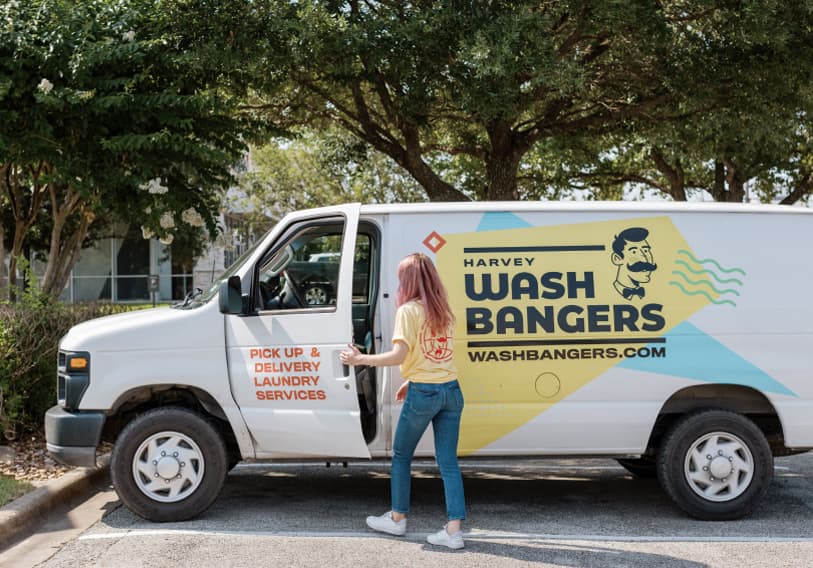 College Station business: Harvey Washbangers - van wrap design and marketing messaging