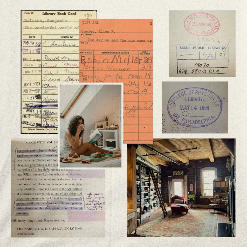 Moodboard collage of library cards, annotated pages, and library interiors.